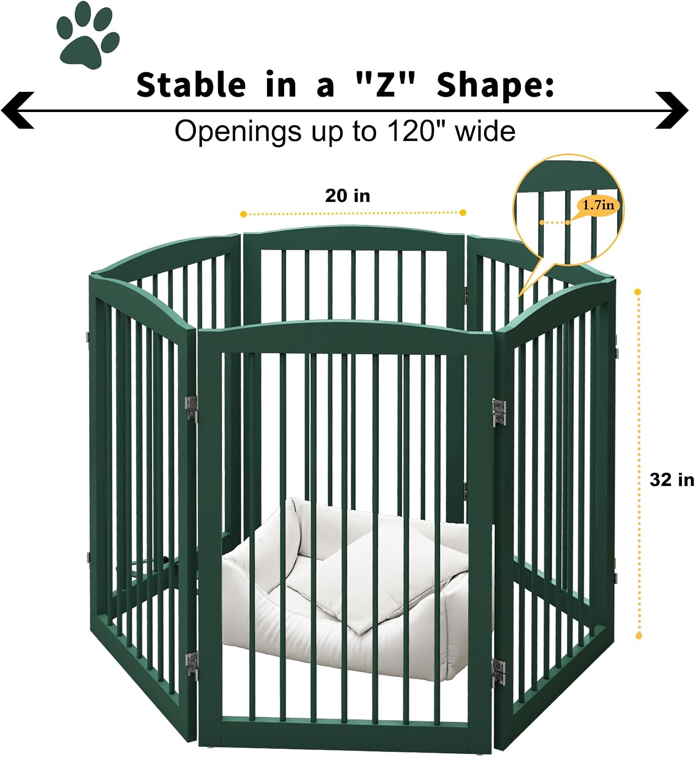 Freestanding Pet Gate for Dogs, Foldable Wooden Dog Gate for House, Indoor Dog Gate for Stair, Doorway, Gates for Dogs Indoor, 80 Inch Wide, 4 Panels 24",White