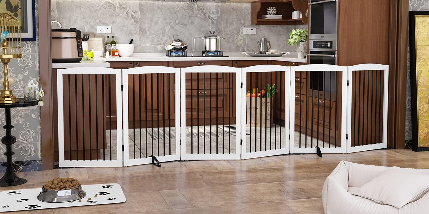 Freestanding Pet Gate for Dogs, Foldable Wooden Dog Gate for House, Indoor Dog Gate for Stair, Doorway, Gates for Dogs Indoor, 80 Inch Wide, 4 Panels 24",White