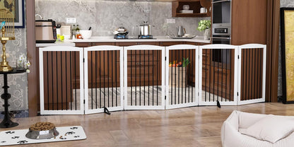 Freestanding Pet Gate for Dogs, Foldable Wooden Dog Gate for House, Indoor Dog Gate for Stair, Doorway, Gates for Dogs Indoor, 80 Inch Wide, 4 Panels 24",White