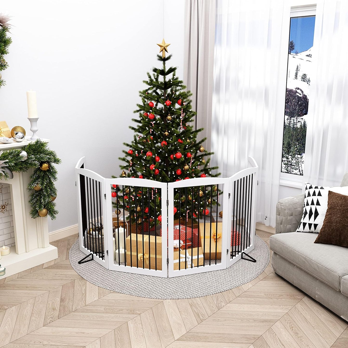 Freestanding Pet Gate for Dogs, Foldable Wooden Dog Gate for House, Indoor Dog Gate for Stair, Doorway, Gates for Dogs Indoor, 80 Inch Wide, 4 Panels 24",White