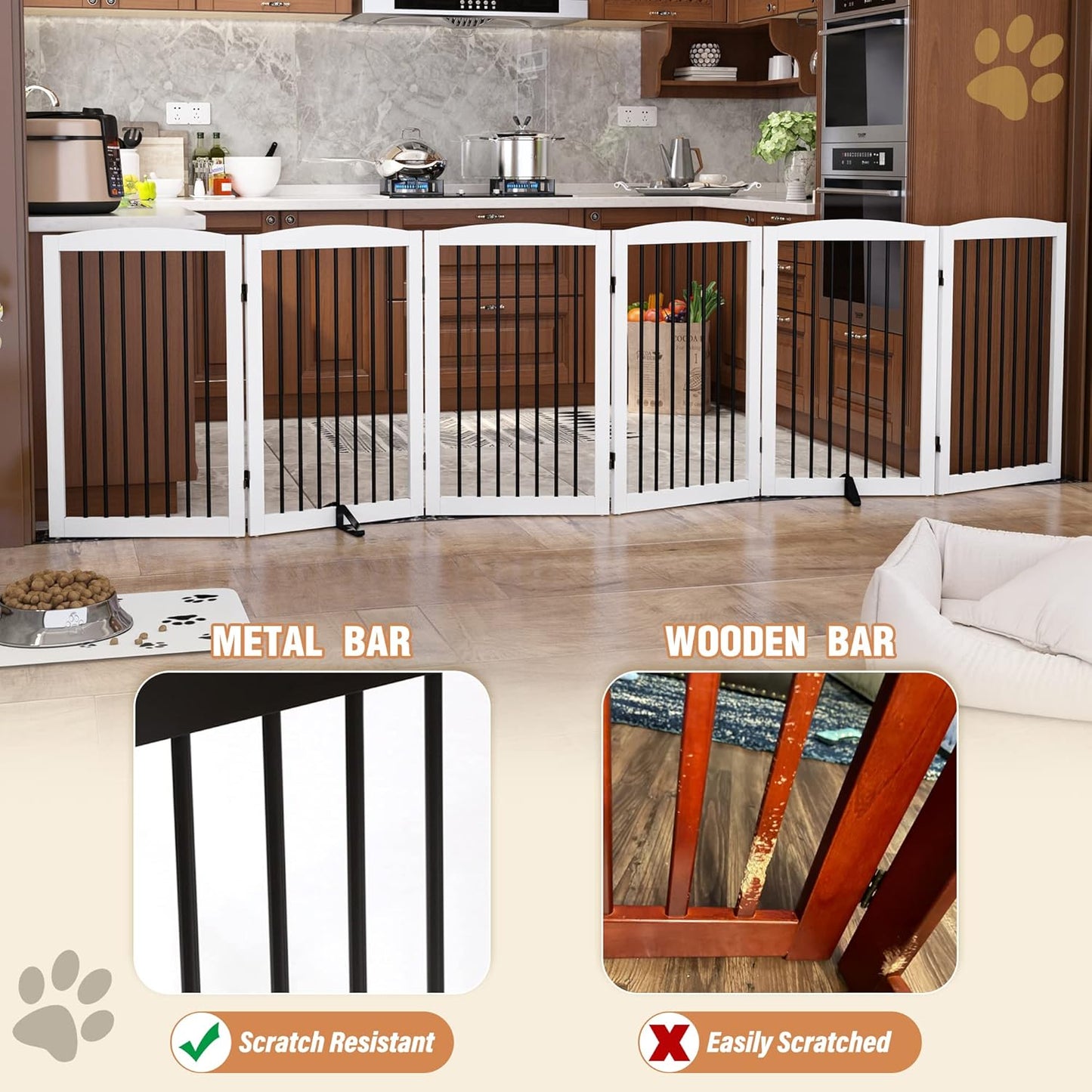 Freestanding Pet Gate for Dogs, Foldable Wooden Dog Gate for House, Indoor Dog Gate for Stair, Doorway, Gates for Dogs Indoor, 80 Inch Wide, 4 Panels 24",White