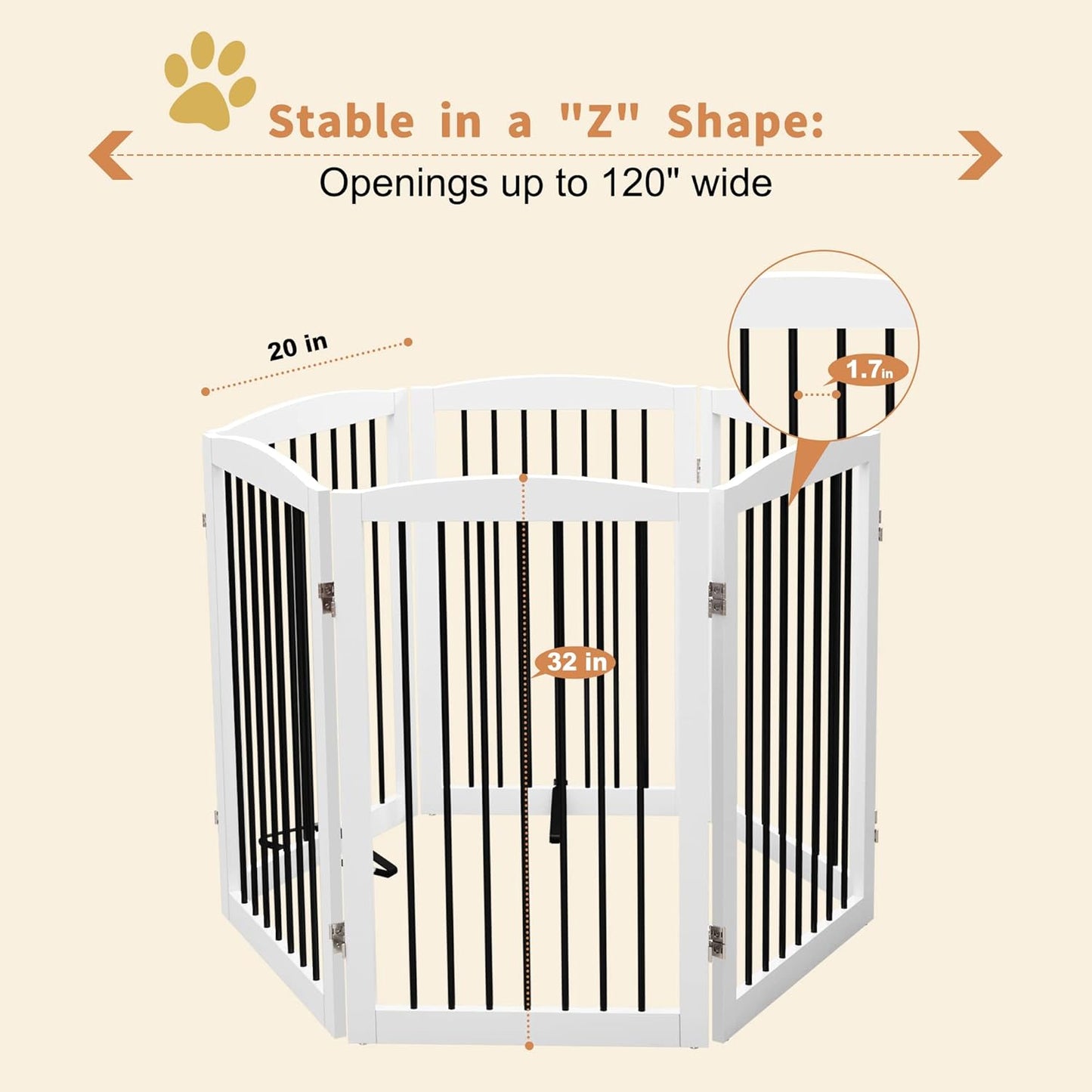 Freestanding Pet Gate for Dogs, Foldable Wooden Dog Gate for House, Indoor Dog Gate for Stair, Doorway, Gates for Dogs Indoor, 80 Inch Wide, 4 Panels 24",White
