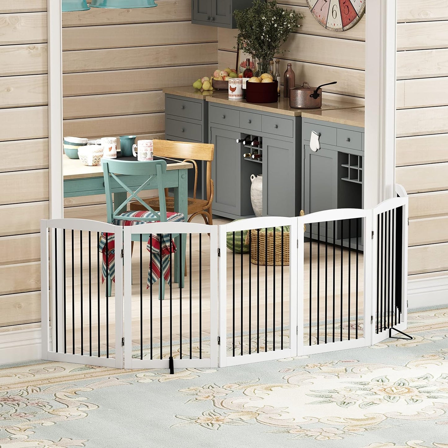 Freestanding Pet Gate for Dogs, Foldable Wooden Dog Gate for House, Indoor Dog Gate for Stair, Doorway, Gates for Dogs Indoor, 80 Inch Wide, 4 Panels 24",White