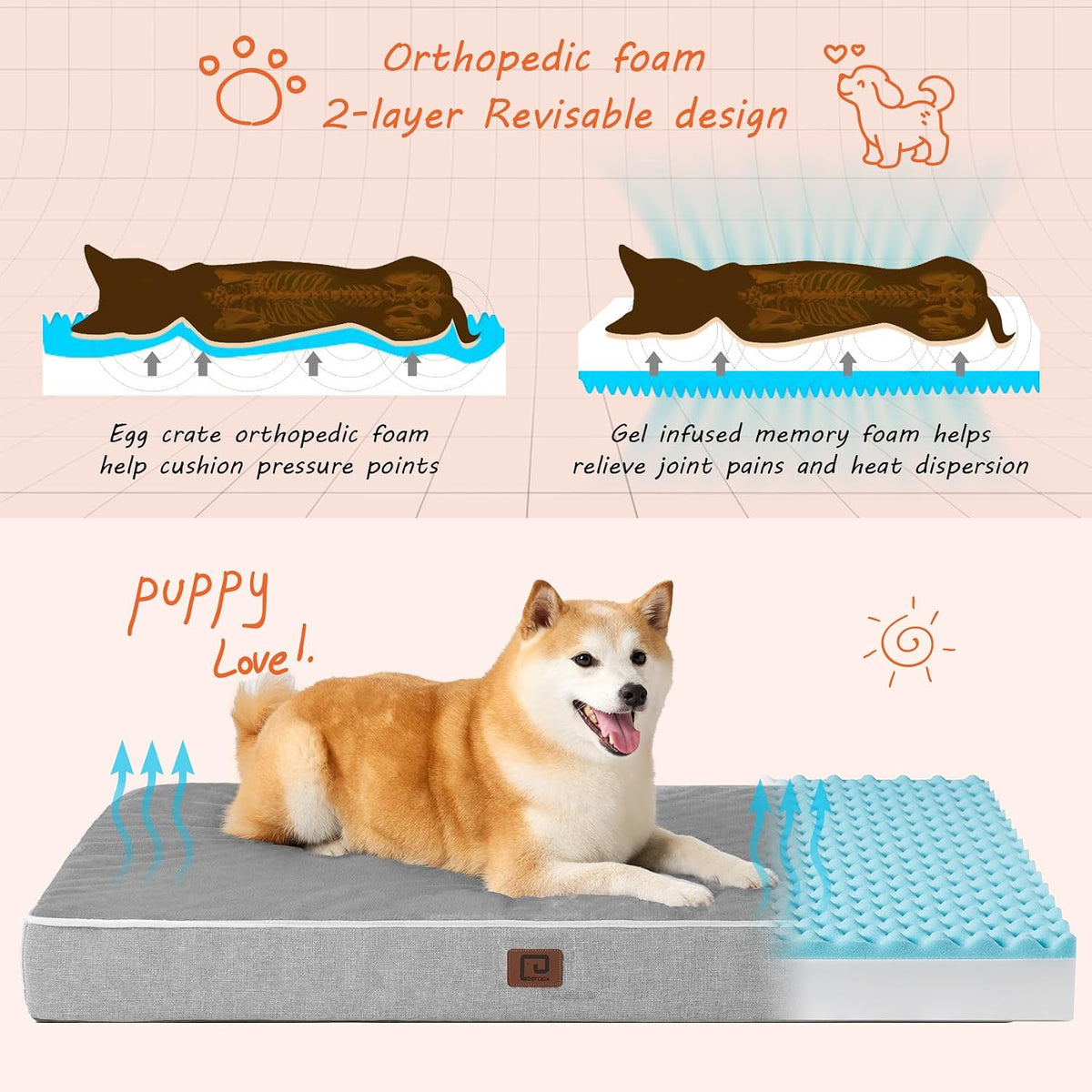 XL Memory Foam Dog Crate Bed with Washable Cover, 41x27Inch, Grey