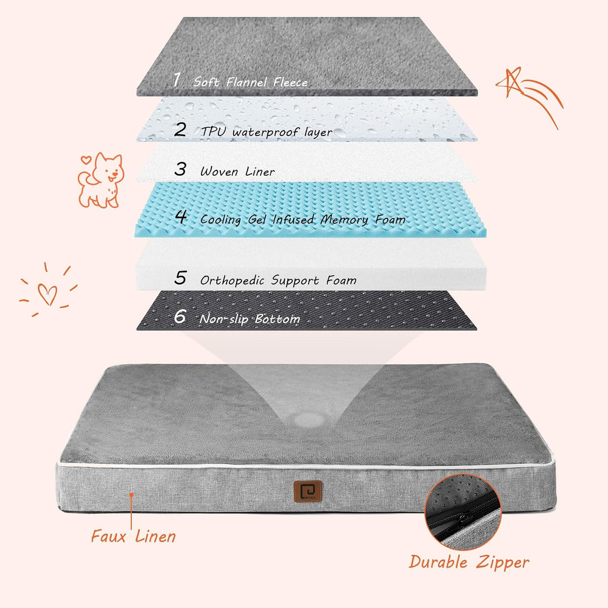 XL Memory Foam Dog Crate Bed with Washable Cover, 41x27Inch, Grey