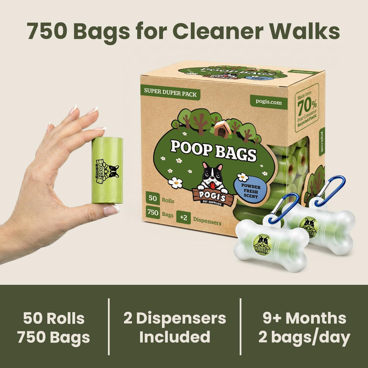 Pogi's Dog Poop Bag Holder & Dispenser, Unscented, Carabiner (15 Bags)