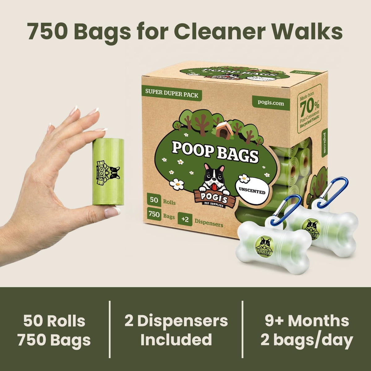 Pogi's Dog Poop Bag Holder & Dispenser, Unscented, Carabiner (15 Bags)
