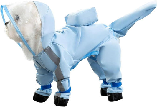 Waterproof Dog Raincoat,Full Coverage 4 Legs Dog Rain Jacket for Small Dogs,Pet Rain Coat with Hood,Reflective Strips&Leash Hole Outdoor Raincoat (Medium（for Weight 5.1-8.1 lb）, Blue)