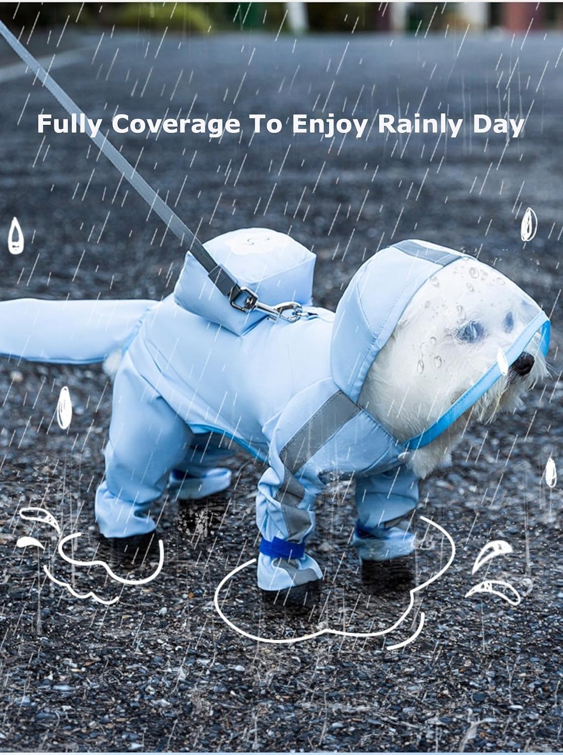 Waterproof Dog Raincoat,Full Coverage 4 Legs Dog Rain Jacket for Small Dogs,Pet Rain Coat with Hood,Reflective Strips&Leash Hole Outdoor Raincoat (Medium（for Weight 5.1-8.1 lb）, Blue)