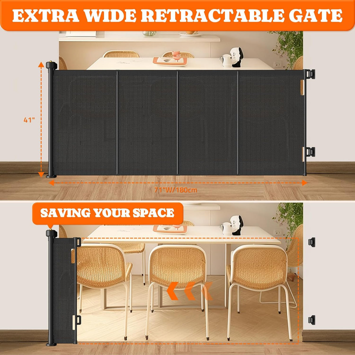 Retractable Baby Gates Extra Wide, 41" Tall Extends up to 71" Wide