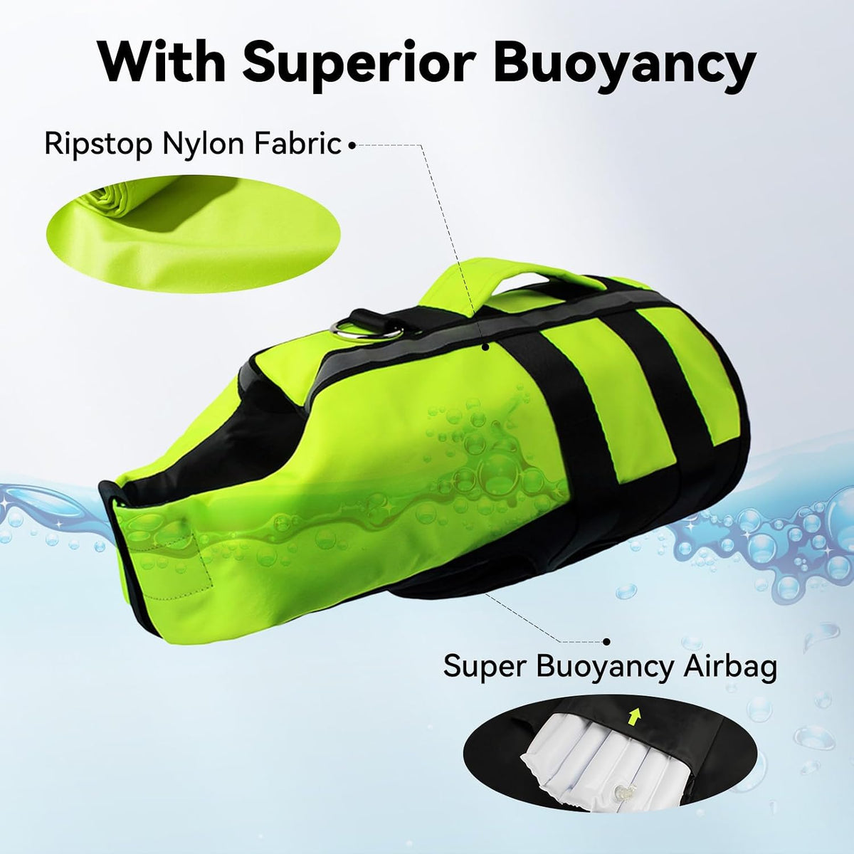 Neon Green Dog Life Jacket for Large Breed with Rescue Handle, High Visibility & Adjustable Pet Life Vest, Safety Buoyancy Vest for Swimming, Boating, Kayaking & Water Sports, L
