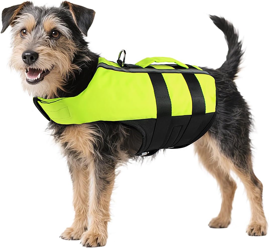 Neon Green Dog Life Jacket for Large Breed with Rescue Handle, High Visibility & Adjustable Pet Life Vest, Safety Buoyancy Vest for Swimming, Boating, Kayaking & Water Sports, L