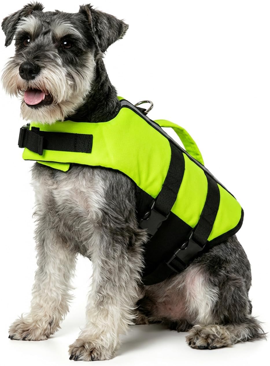 Neon Green Dog Life Jacket for Large Breed with Rescue Handle, High Visibility & Adjustable Pet Life Vest, Safety Buoyancy Vest for Swimming, Boating, Kayaking & Water Sports, L
