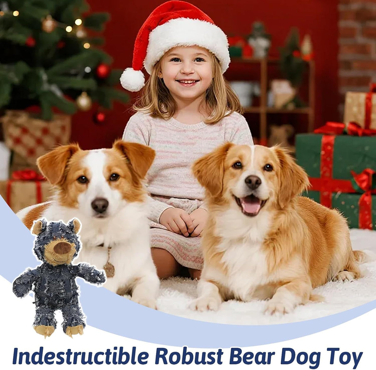 Dog Companion for Heavy Chewers- Indestructible Robust Bear Dog Toy, Resistant Squeaky Dog Toys for Heavy Chewers, Unbreakable Stuffed Plush Dog Toys for Aggressive Chewers (A-Navy)