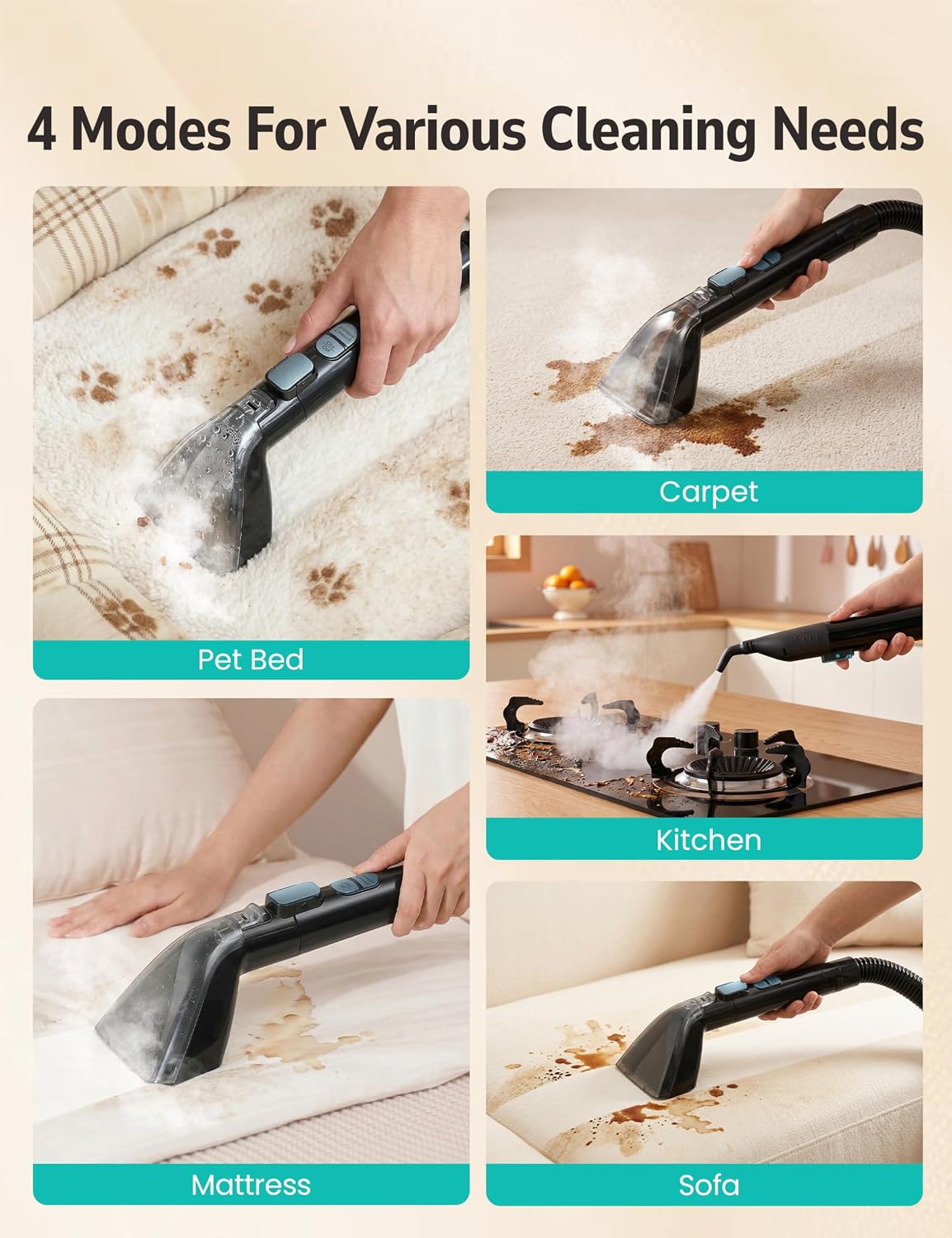 Carpet Cleaner,Fast Heating Steamer,Carpet Cleaner Machine for Home,Hot/Cold Water & Steam Wash,Spot Cleaning,20Kpa Powerful Suction,300ML Cleaning Solution,for Upholstery,Sofa,Pet Stain,Car
