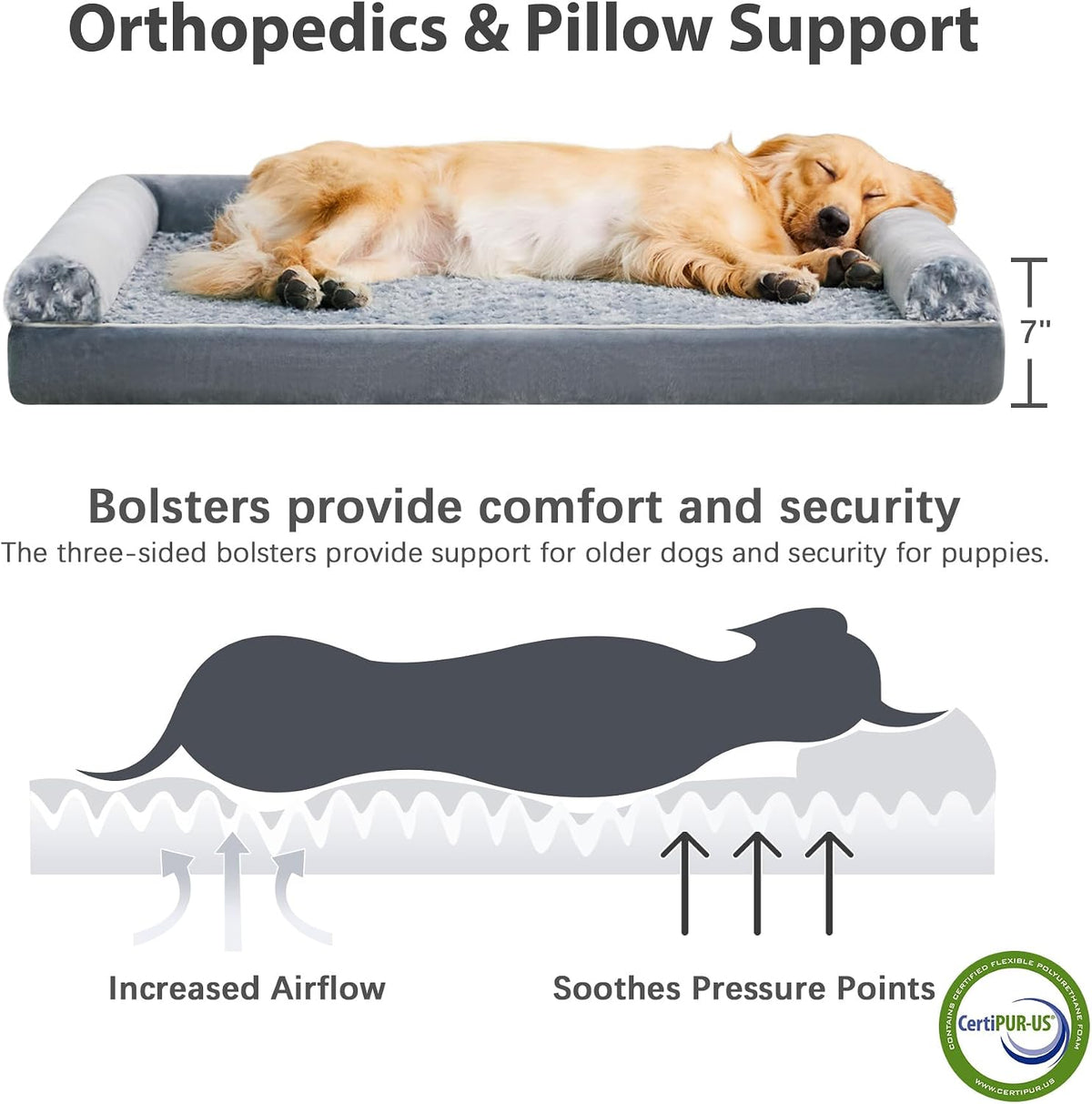 Orthopedic Washable Large Dog Bed for Senior Dog Comfy Sleep | Waterproof Big Soft Pet Couch Bed for Dogs Relax with Removable Cover Supportive Egg Crate Foam Grey 36x27 Inch