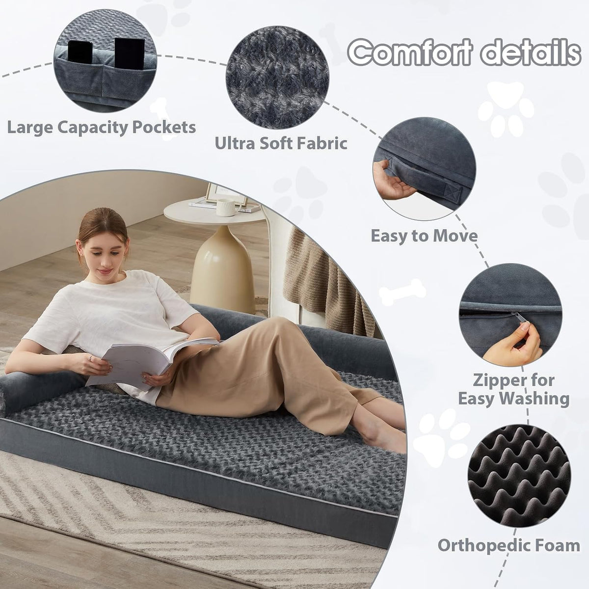 Orthopedic Washable Large Dog Bed for Senior Dog Comfy Sleep | Waterproof Big Soft Pet Couch Bed for Dogs Relax with Removable Cover Supportive Egg Crate Foam Grey 36x27 Inch