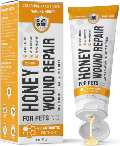 Dog Wound Care with Manuka Honey & Colloidal Silver for Scratches & Skin Irritations – Cat & Dog Hot Spot Treatment Gel Works as Honey Rapid Wound Repair for Horses – for All Pets – 2-Oz