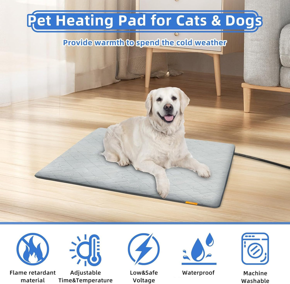 Pet Heating Pad for Cats Dogs Electric Heated Bed Waterproof Warming Mat Indoor Outdoor Chew Resistant Cord Adjustable 5 Timer and 6 Level Temperature for Pets Puppy Animals-17.7x17.7in