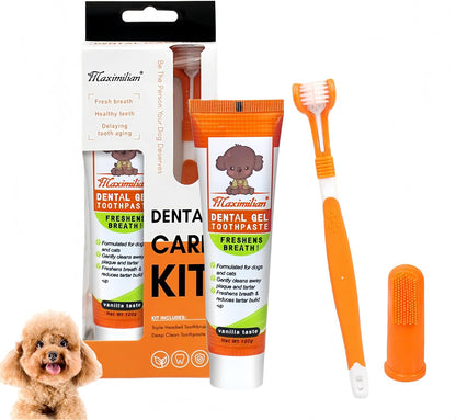 Dog & Cat Toothpaste Kit with Toothbrush & Finger Brush, Vanilla, 100g