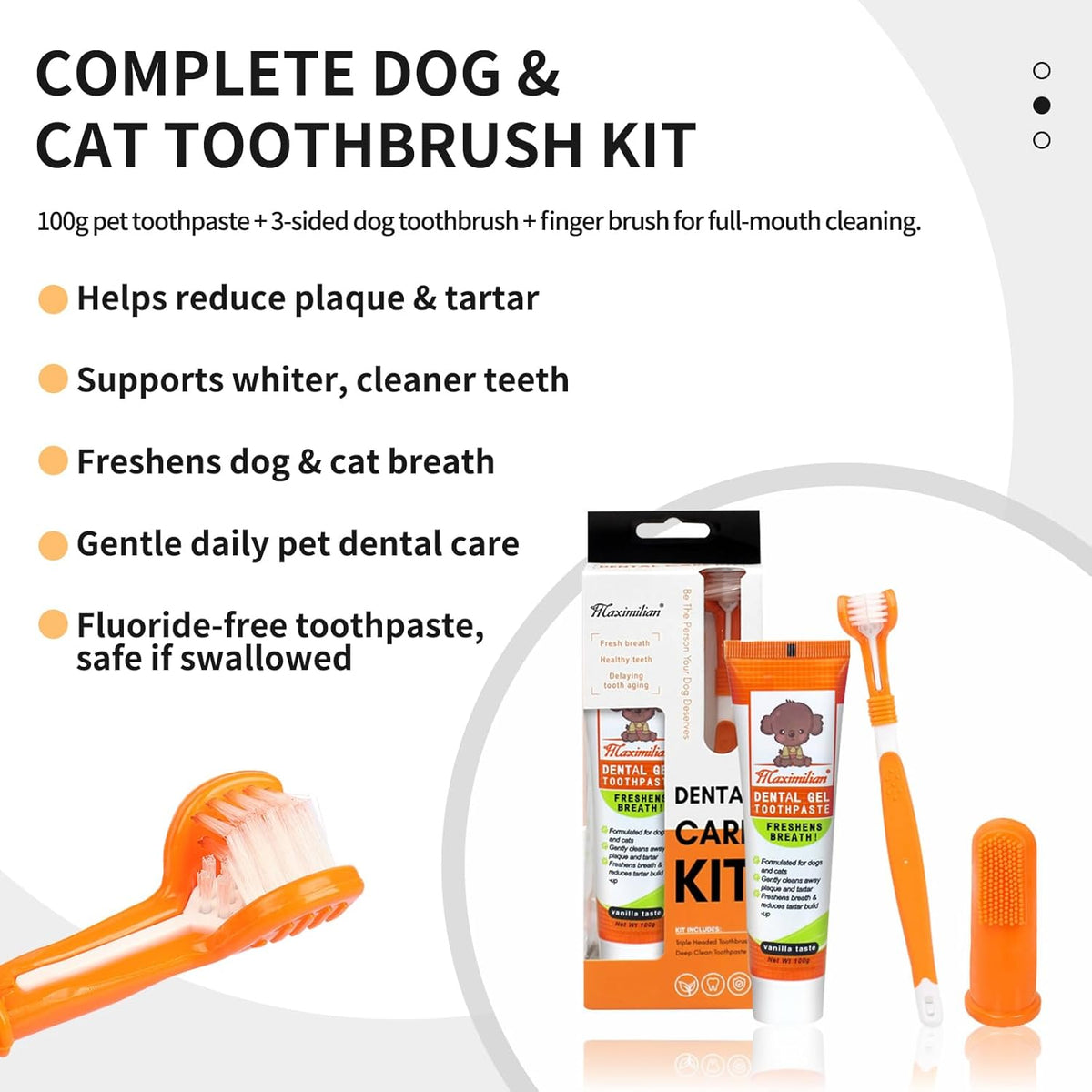Dog & Cat Toothpaste Kit with Toothbrush & Finger Brush, Vanilla, 100g