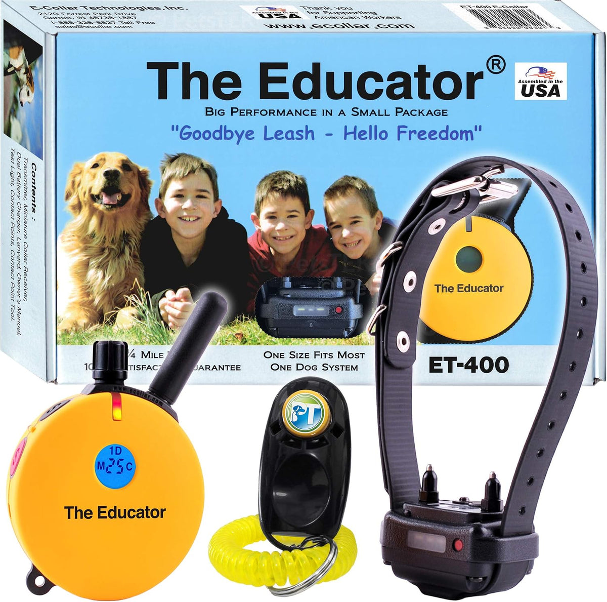 Educator ET-400 E Collar for Dog Training with Remote - 3/4 Mile Range, Waterproof, 100 Blunt Stimulation Levels, Tone or Vibration Mode, Night Tracking Light for Small, Medium & Large Dogs